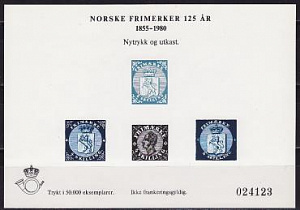 Норвегия, 1980, 125 лет первым маркам Норвегии, сувенирный блок